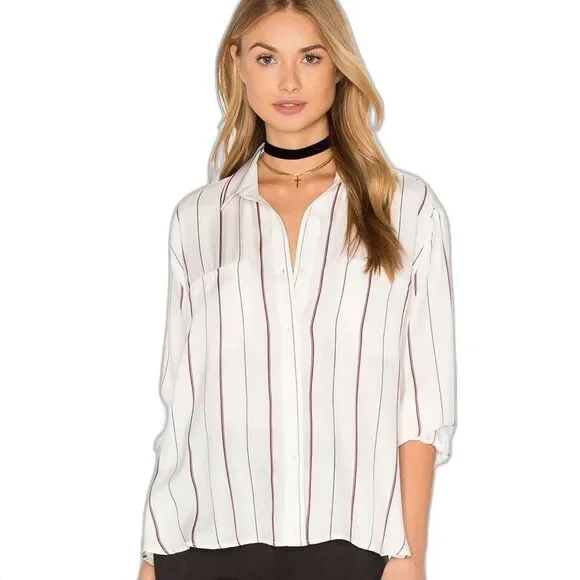 David Lerner Draped Silk Blouse in Red & Blue Stripe - Picture 1 of 7